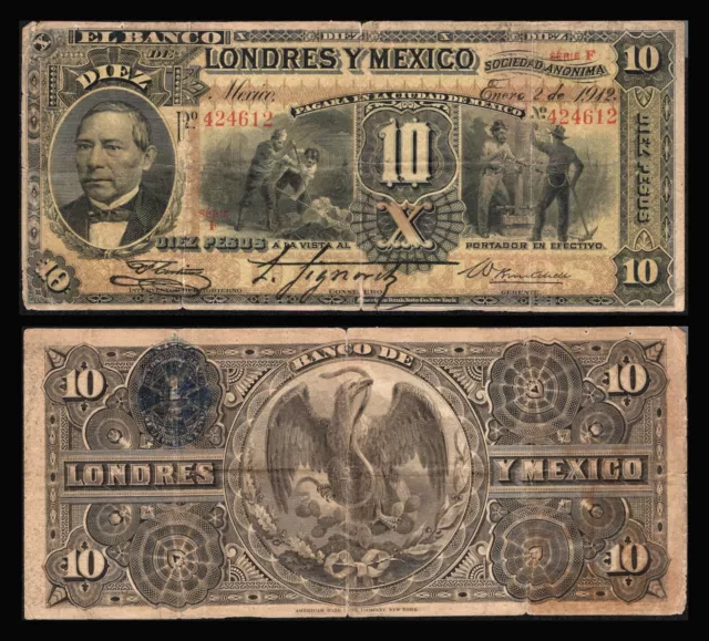 Mexico, 5 Pesos El Banco de Londres y Mexico , M272d. 1-2-1912. #424612. Fine