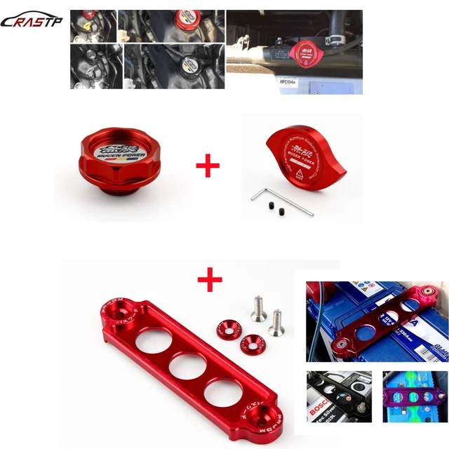 JDM OIL FILLER Cap+Water Radiator Cap+Battery Tie Down Kit For Honda