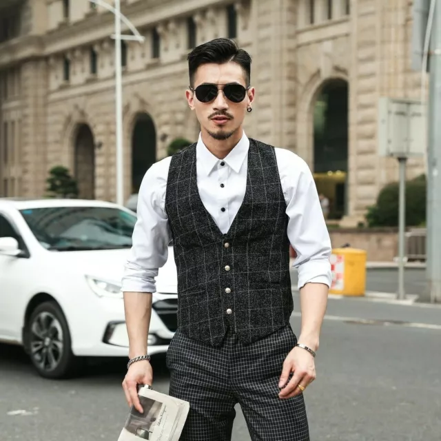Uomo Plaid Quadri Gilet Abito Canotta Cotone Casual Formale Lattice Chequer Nero