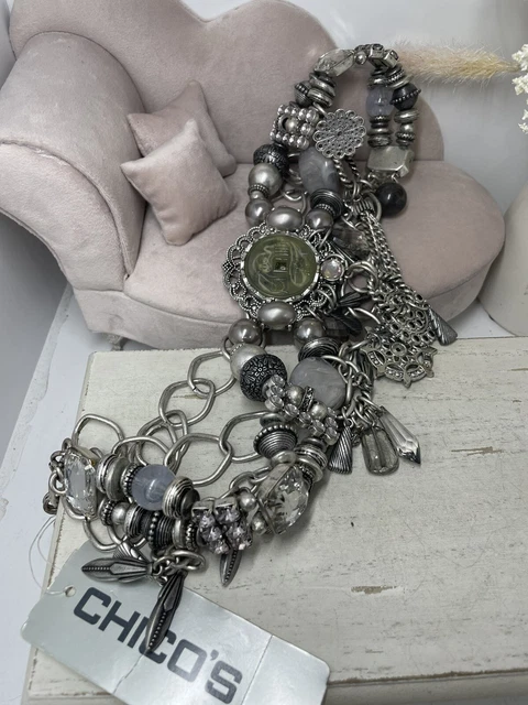 Vtg Chicos silver tone chain link metal belt Grey Stone Dangles M/L