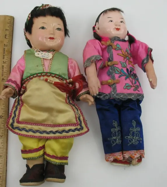 Antique 9" Wood Composition Chinese Dolls Oriental - Lot of 2