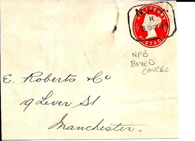 1898 Halfpenny Embossed On Piece With NPB Boxed Cancel