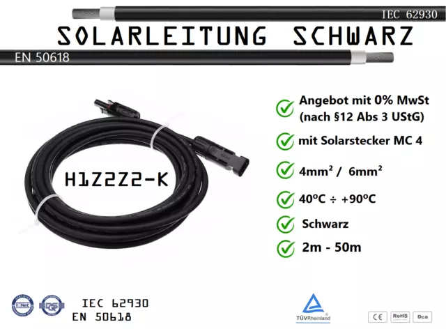 Cavo Solare Tubo Solare 4mm ² 6mm ² H1Z2Z2-K 2-50m PV MC4 Connettore Solare Nero