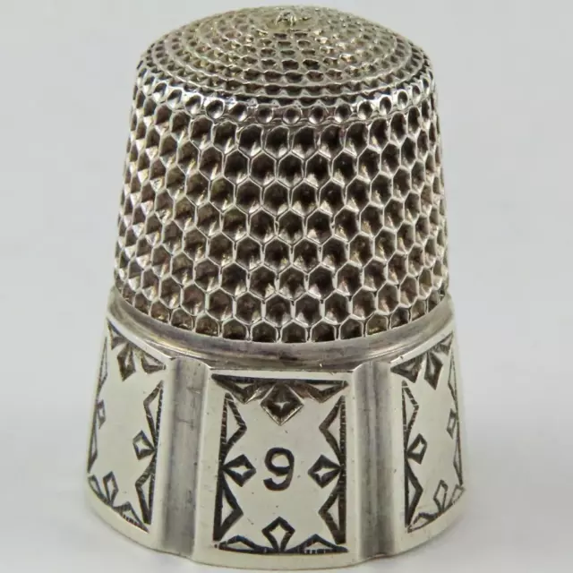 Antique Simons Bros. Geometric Panel Size 9 Sterling Silver Sewing Thimble