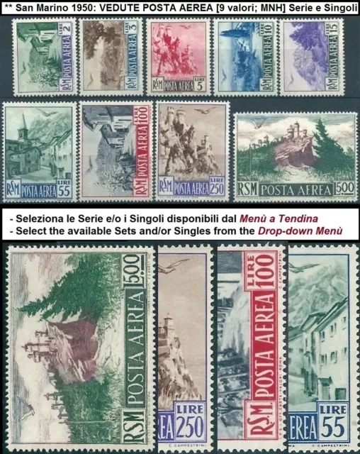 ** San Marino 1950: VEDUTE POSTA AEREA [9 valori; MNH] Serie e Singoli