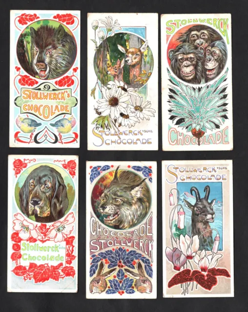 Art Nouveau Animal Heads Stollwerck 1898 Card Set No 65 Dog Lynx Goat Chimp Boar
