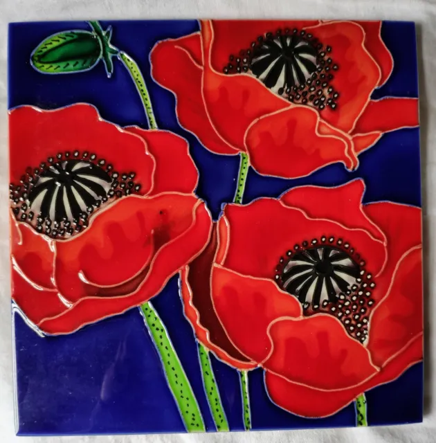 Poppy Flower Decorative Ceramic Tile Navy Red