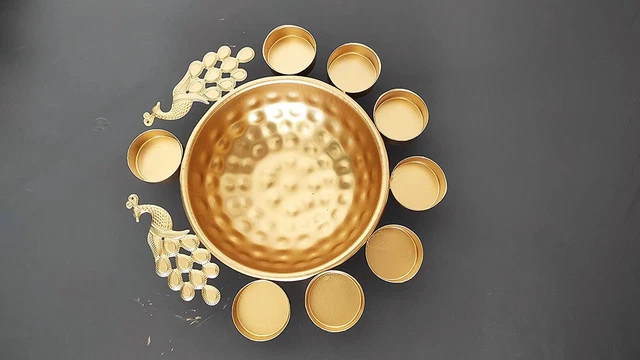 Brass Central Peacock Design Urli Bowl For Floating Flowers T - Light Candles