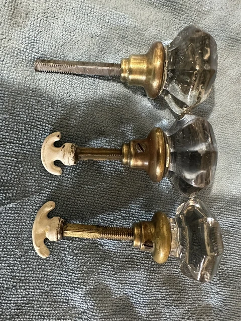 3 Vintage, 8 Point Clear Crystal Glass Octagon Door Knob Set