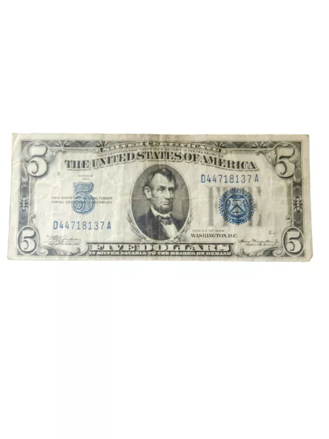 1934 D Five DOLLAR SILVER CERTIFICATE $5 Note Bill CIRCULATED