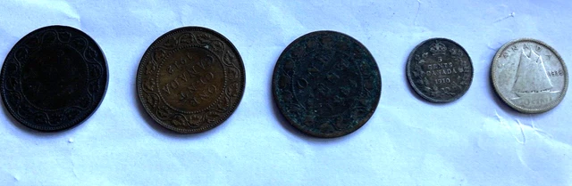 Canada Coins 1938 10 cent,1910 5 cent,1884 1 cent,1912 1 cent, 1900 or 01 1 cent