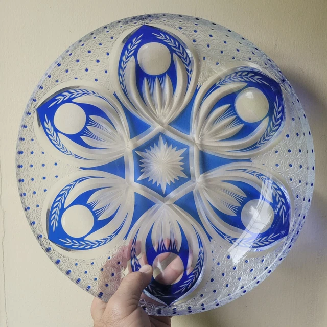 Bohemian Cobalt Blue Cut to Clear Crystal Serving Bowl Czech Republic 12 1/4"