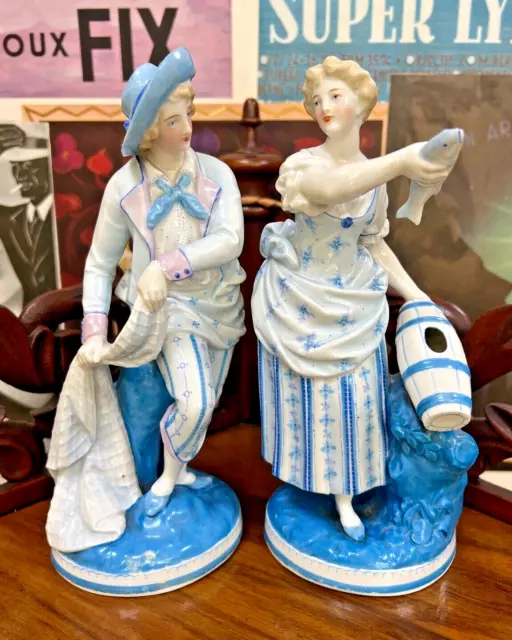 Antique German Sitzendorf A.Voigt Porcelain Pair Figurine Couple Fisherman Woman