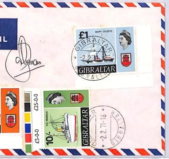 GIBRALTAR QEII Air Mail SHIPS *HIGH VALUES* 5s 10s £1 SIGNED Cover 1971 YW55