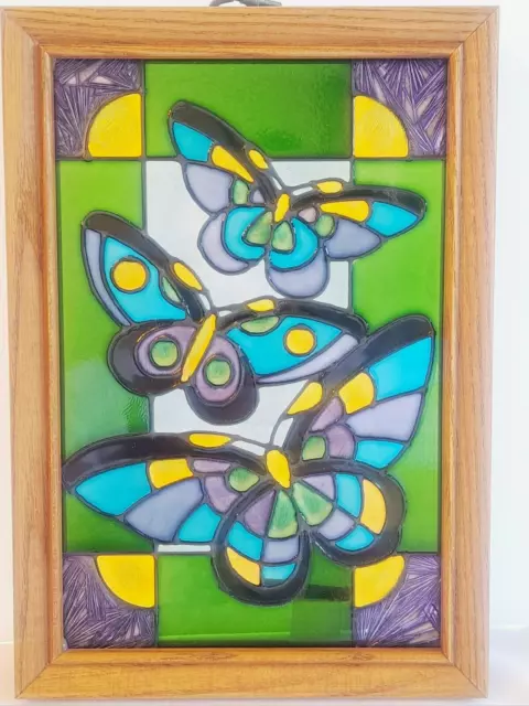 Hand Crafted Beautiful Stained Glass BUTTERFLIES Window Panel Wood Frame