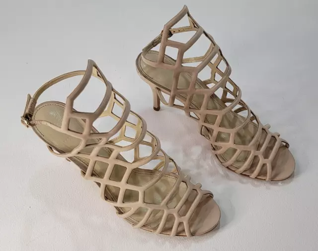 Vince Camuto Shoe Womens Size 8M Paxton Leather Nude Mid Heel Caged Strappy Open 2