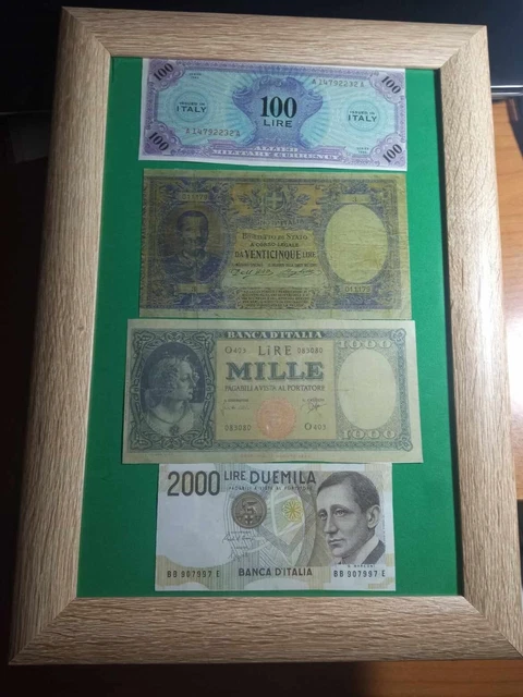  Lotto di 4 BANCONOTE Lire Riproduzioni compreso cornice