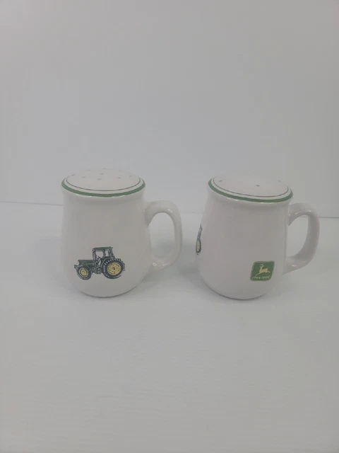 Gibson John Deere Tractor ceramic mug-style Salt & Pepper Shakers 4" tall