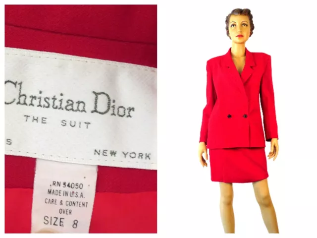 sz 8 vintage Christian Dior Red Wool Skirt Suit Power Red Business Designer Suit