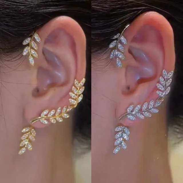 Gorgeous Rhinestone Earrings Piercing Silver Plated Leaf Ear Clip Cuff Women