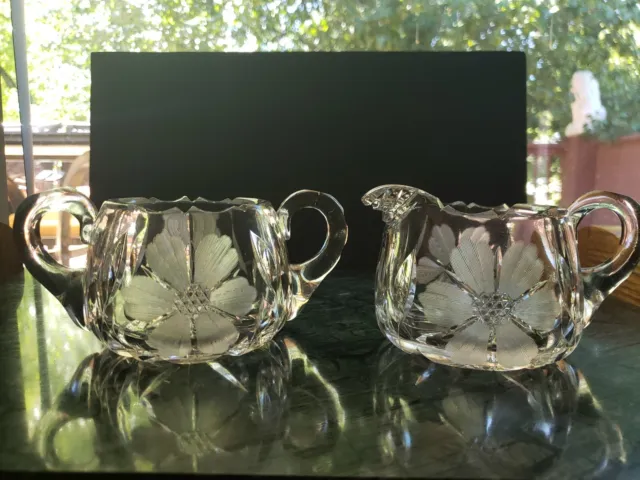 Antique CREAMER & SUGAR BOWL SET American Brilliant Cut Glass ABP Unique Flower