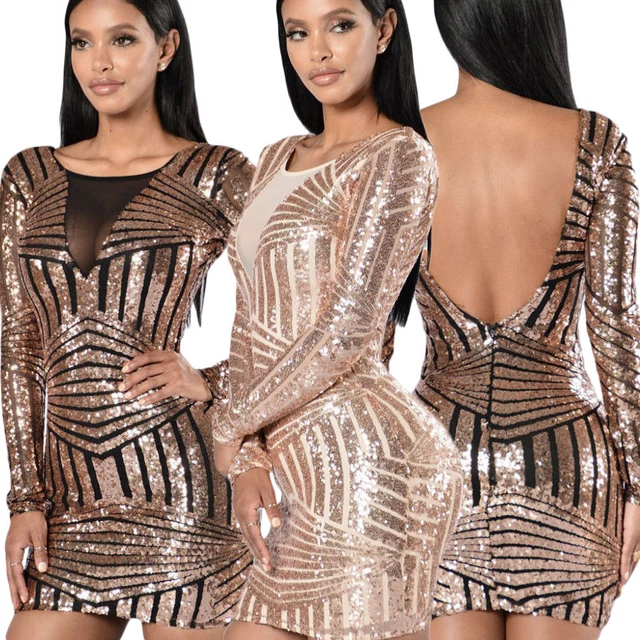 Mini abito donna sexy vestito corto elegante sera paillettes manica lunga 22867