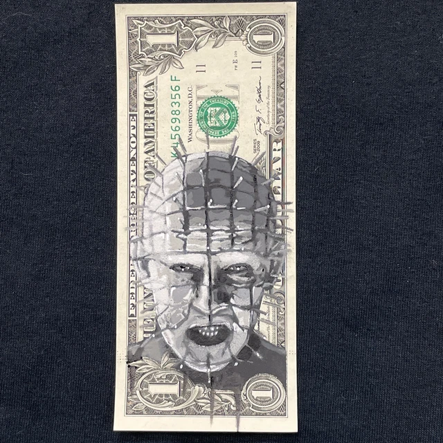 PIN HEAD HELLRAISER 1 Dollar Bill Original painting Graffiti Art Horror ...