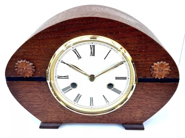 Smiths Antique English Light Oak Art Deco Mantle Clock 8 Day Striking 1950