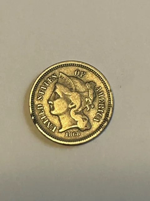 1868 Three 3 Cent Nickel US Coin Good Details