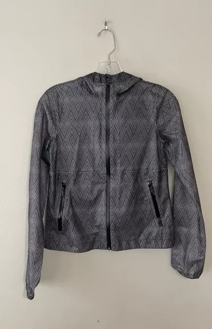 Ivivva Zip Front Hooded Windbreaker Jacket Lightweight Gray Black Print 12 #I6