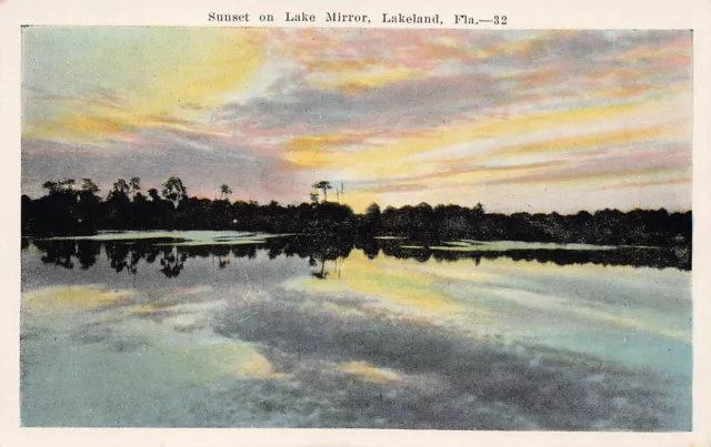 Lakeland FL Florida Sunset Lake Mirror Downtown 1920s Twilight Vtg Postcard B8