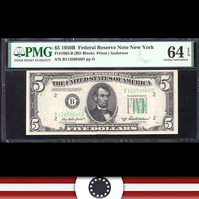 1950-B $5 NEW YORK FRN FEDERAL RESERVE NOTE PMG 64 EPQ Fr 1963-B 59046