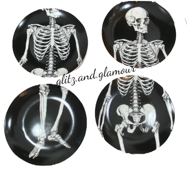 CIROA Wicked Halloween Skull Skeleton Porcelain Plates Dessert/Appetizers Set 4