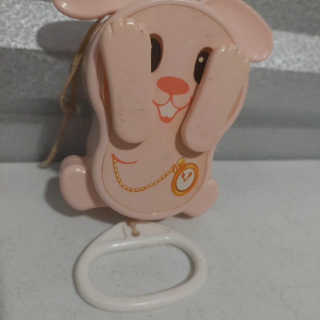 Vintage 1980 TOMY Pull String Musical Peek-a-Boo Bunny Baby Crib Toy