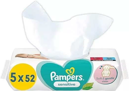 Pampers Sensitive Baby Feuchttücher, 260 Tücher (5 X 52) Ohne Duft, Für Eine San