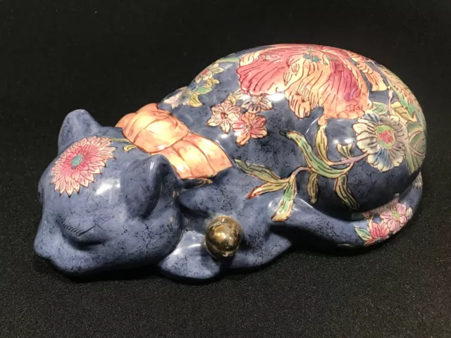 Chinese Porcelain Sleeping Cat Sculpture  Blue Pink Floral Gold Tone Bells Rare 