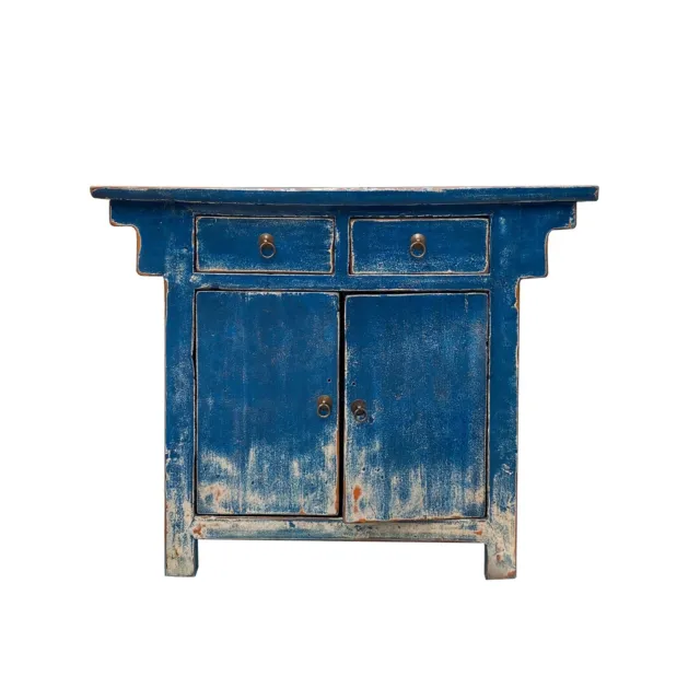 Chinese Oriental Distressed Bright Blue Credenza Side Foyer Table cs7492