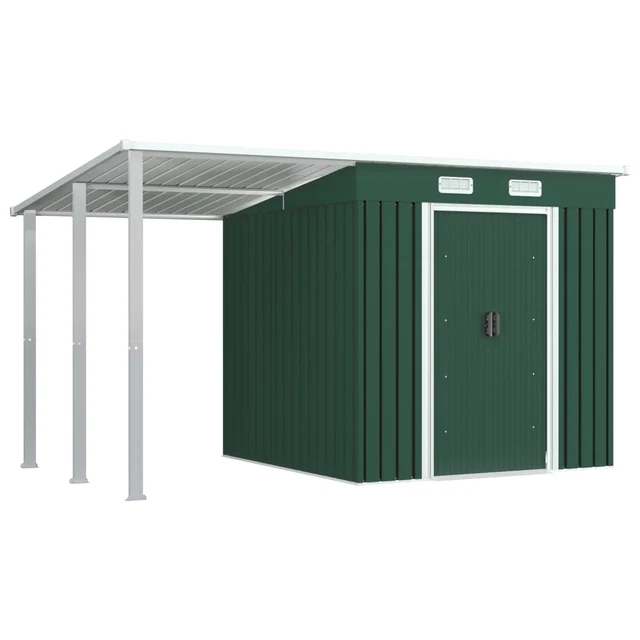NNEVL Garden Shed with Extended Roof Green 346x193x181 cm Steel