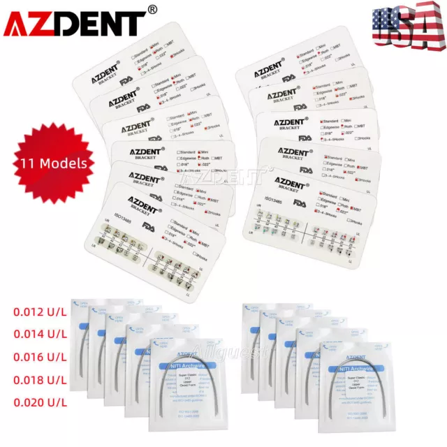 AZDENT Dental Orthodontic Metal Brackets Braces/Super Elastic Niti Arch Wires US