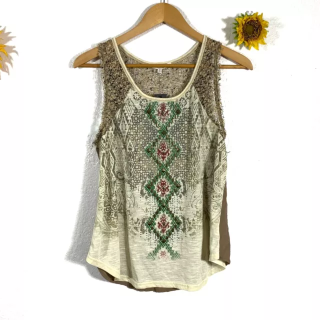 Miss Me Cream Tank Top NWT Boho Beads Aztec Size XS [defect]