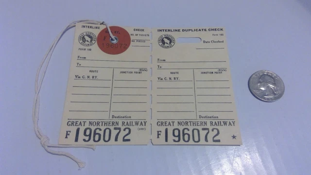 Vintage Great Northern Railway Paper Tag Gnry Railroad Baggage Unused Check