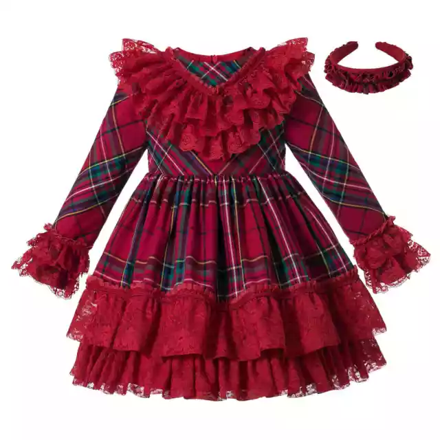 Traditional Girls Red Tartan Dresses Christmas Party Clothes Ruffled Long Sleeve