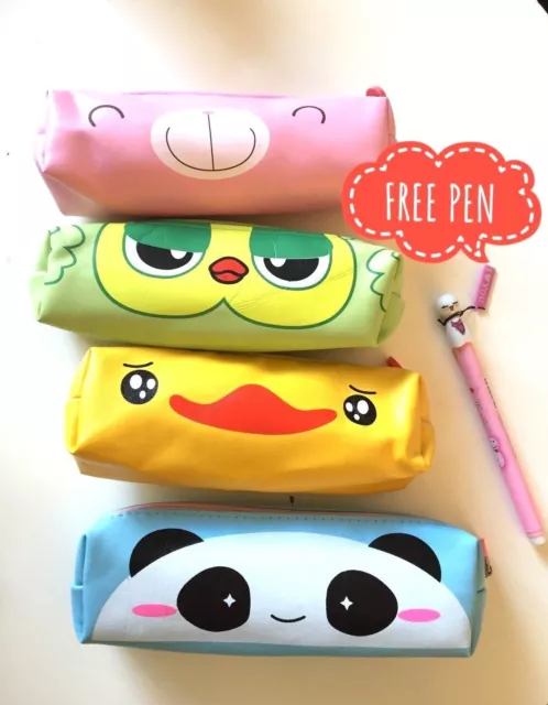 Cute Waterproof Pencil Case Leather Zip Cartoon Animal Kids Gift Pouch+FREE PEN