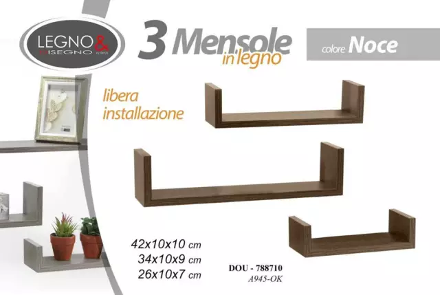 Set 3 Mensole Modulari Da Parete Legno Mdf Color Noce Kit Montaggio Dou-788710