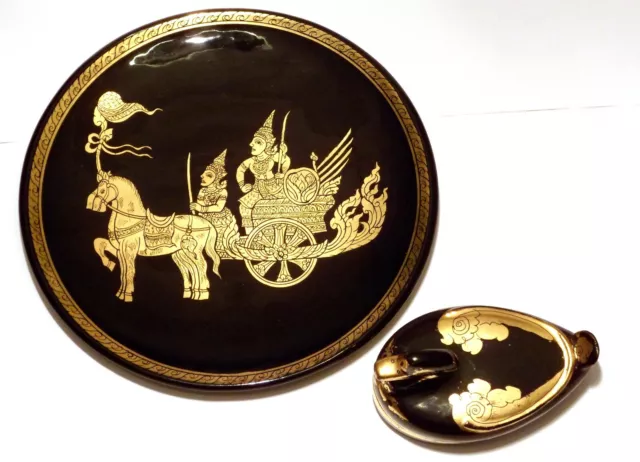 Set Lackdose "Ente" & Teller "Parade" Schwarz Gold Lackarbeit Thailand Asiatika