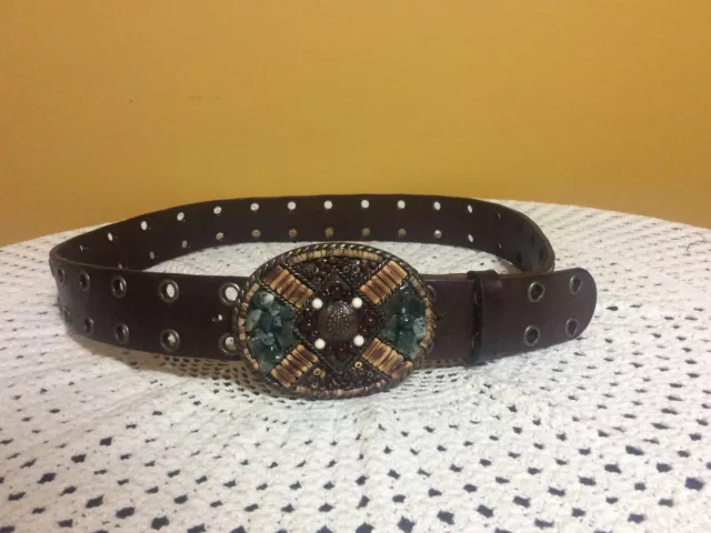 Cabi Ladies Leather Belt With Brass Beaded Engraved Buckle Size36
