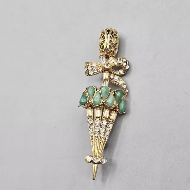 Ornate Umbrella Brooch Pin Gold Tone Figural Crystal Rhinestone Green Cabochon
