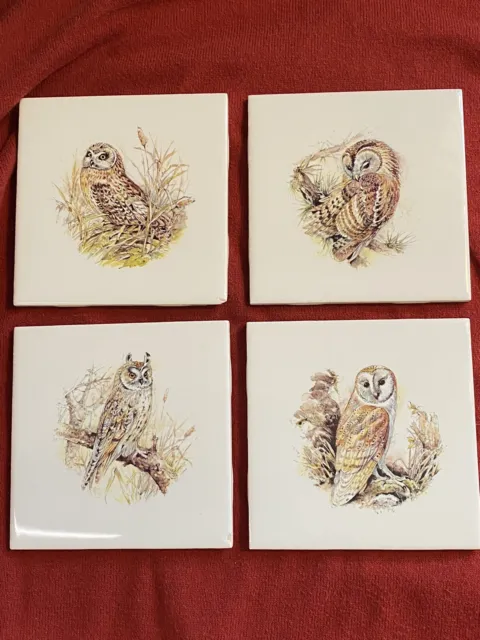 Set Of 4 Ceramic Tiles Woodland Owls Backsplash