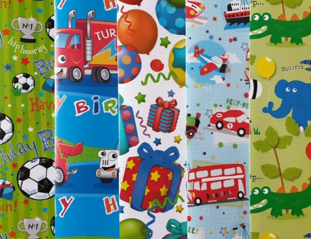 10 Sheets Of Thick Glossy Assorted Boys / Children's Birthday Wrapping Paper