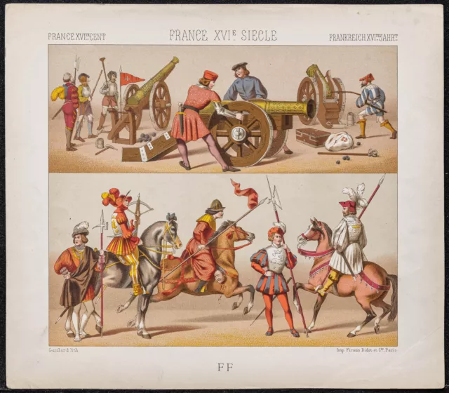 1890 - Costumes et uniformes militaires du XVIème siècle - Lithographie - Armes